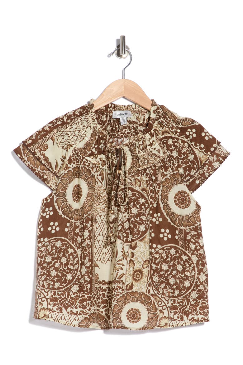 Ruffle Sleeve Gathered Neck Top, Main, color, BROWN TONAL PRINT
