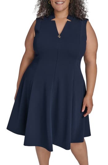 Calvin Klein Logo Zip Scuba Crepe Dress In Indigo