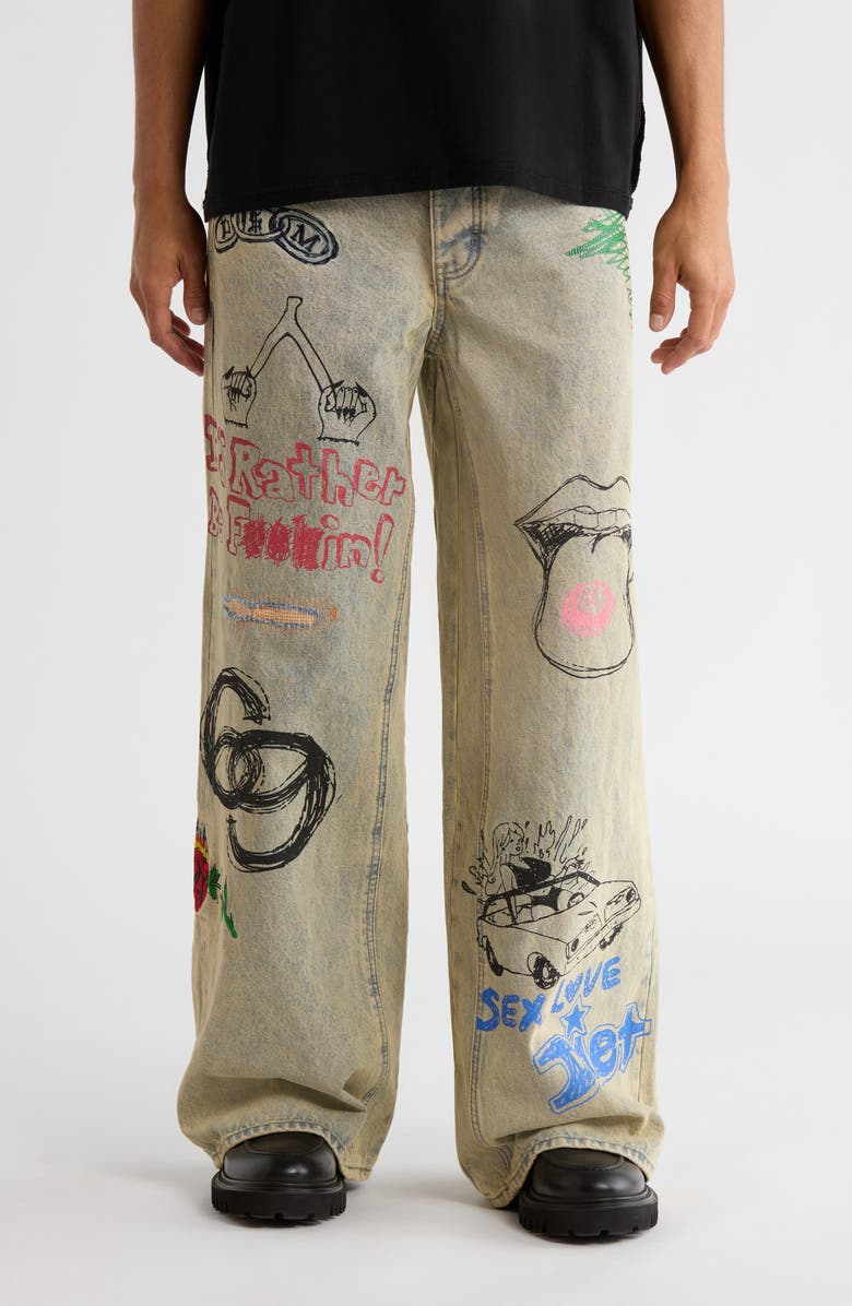 DIET STARTS MONDAY Doodle Distressed Wide Leg Jeans, Main, color, Sand