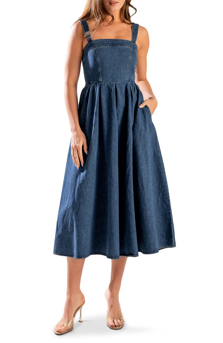 FREEMARKET Sleeveless Washed Denim Fit & Flare Midi Dress, Main, color, 