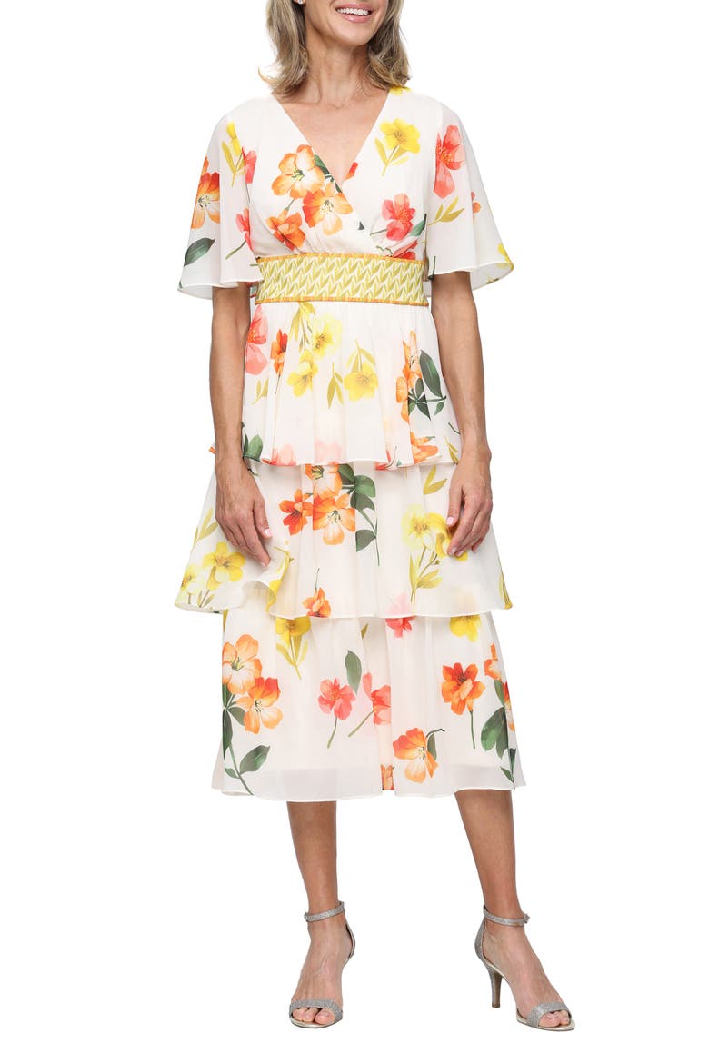 Floral Tiered Cocktail Dress, Main, color, CREAM MULTI