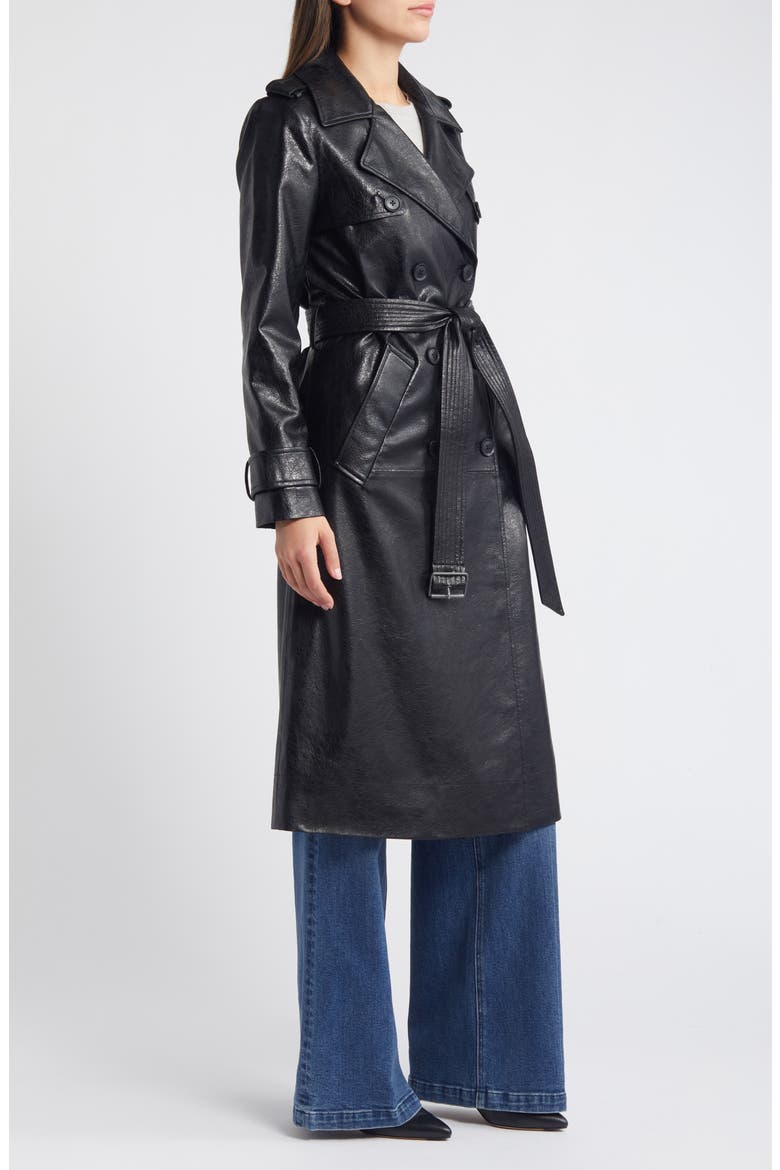Belted Double Breasted Faux Leather Trench Coat, Alternate, color, BLACK