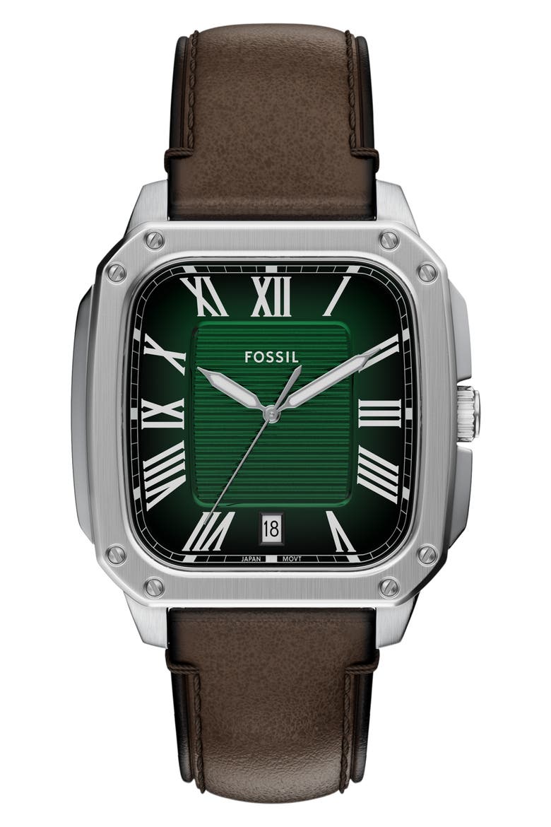 Crosby Leather Strap Watch, 42mm x 30mm, Main, color, BROWN