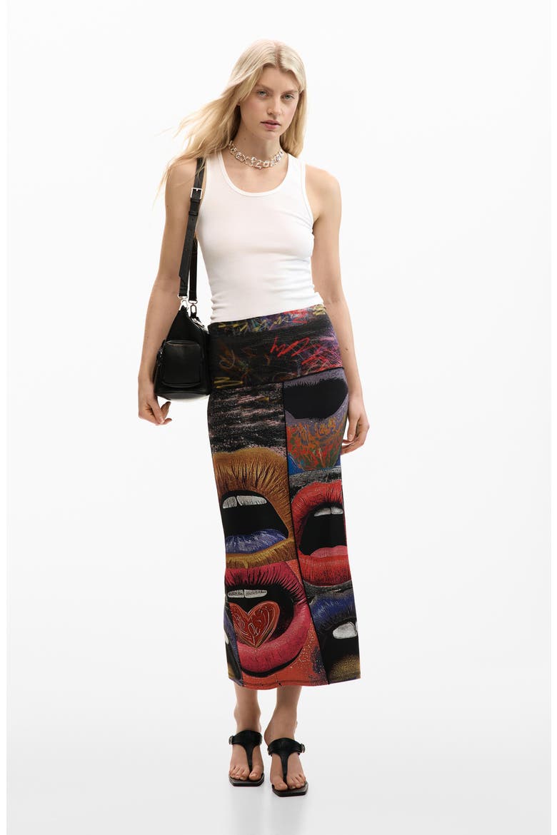 Repeating Print Midi Skirt, Alternate, color, BLACK