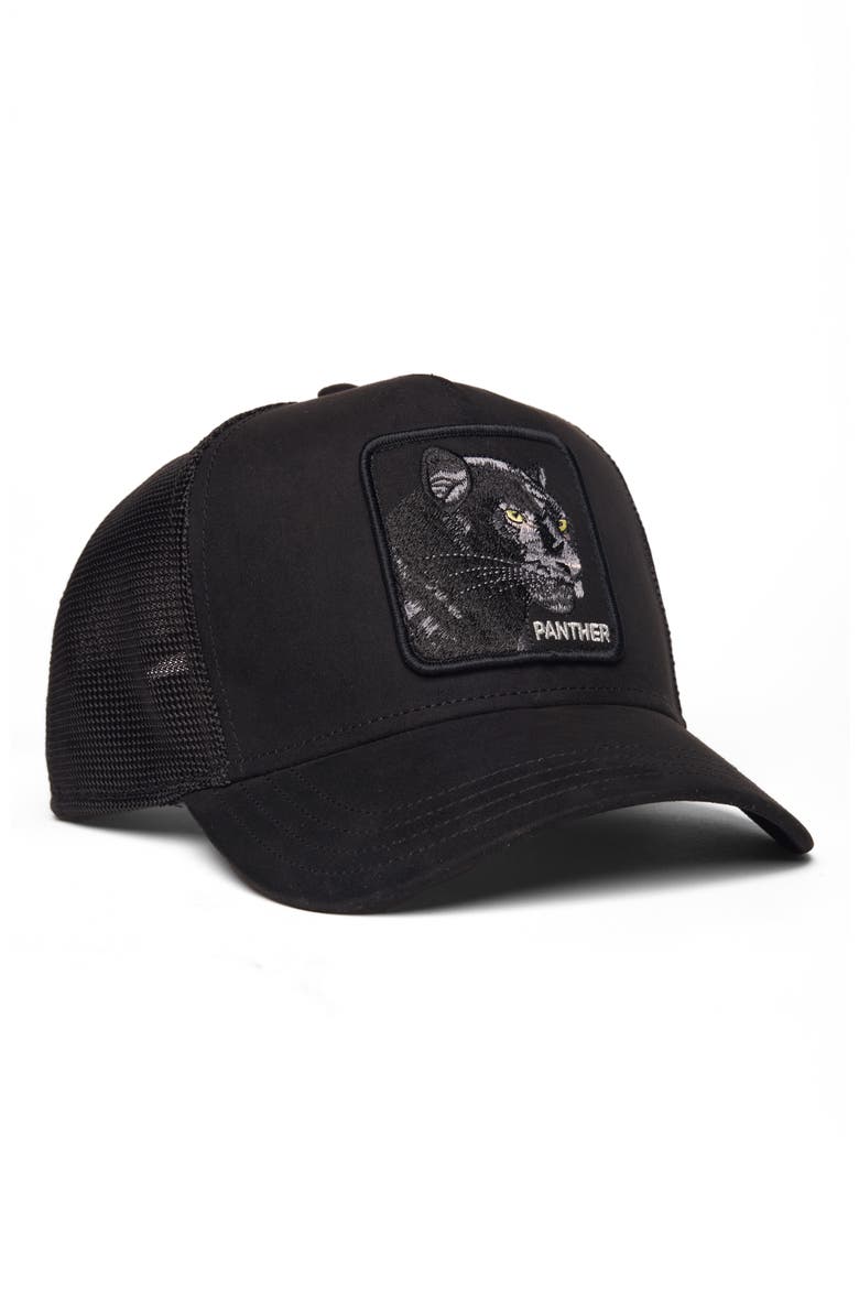 Panther Patch Faux Suede Snapback Trucker Hat, Alternate, color, VOID