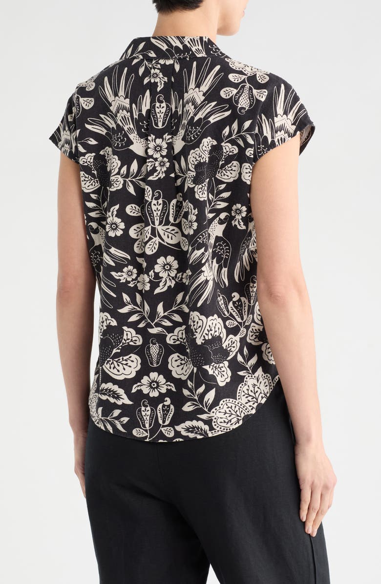 T Tahari Cap Sleeve Linen Blend Button-Up Shirt, Alternate, color, Black Floral Print