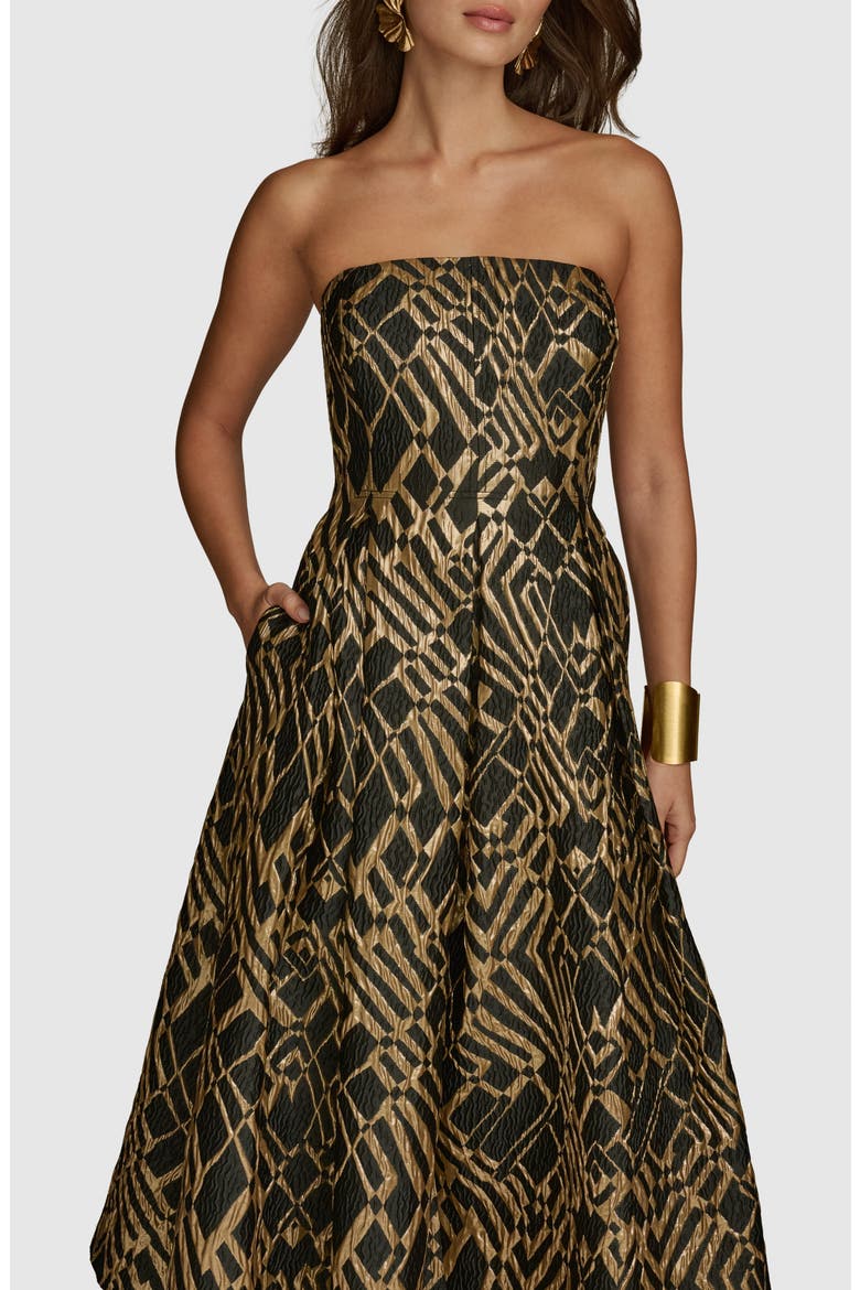 Strapless Jacquard Fit & Flare Dress, Alternate, color, BLACK/ SAND