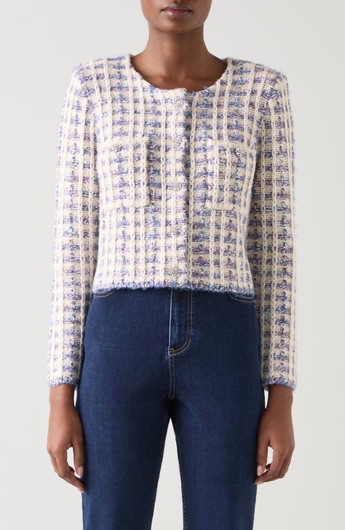 Lk Bennett Millie Fluffy Tweed Cardigan In Blue