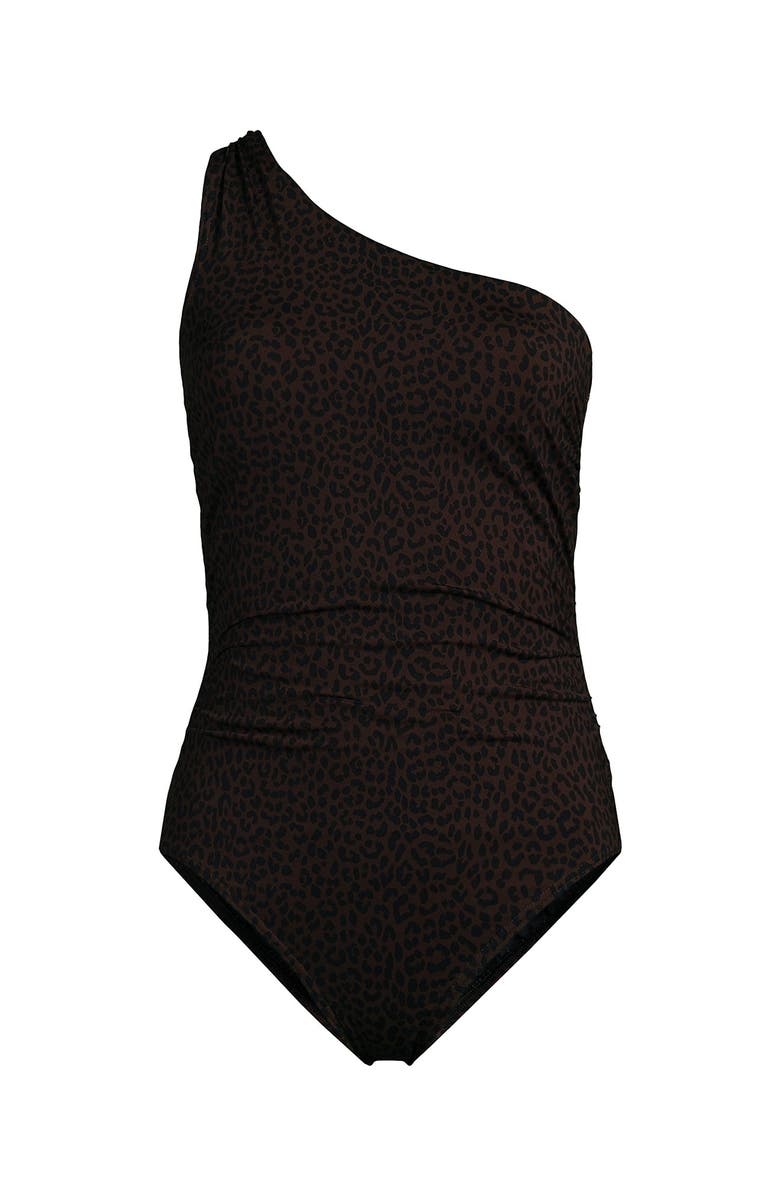 Lands' End Womens Chlorine Resistant Shirred One Shoulder One Piece Swimsuit Removable Adjustable Strap, Alternate, color, Brown Leopard