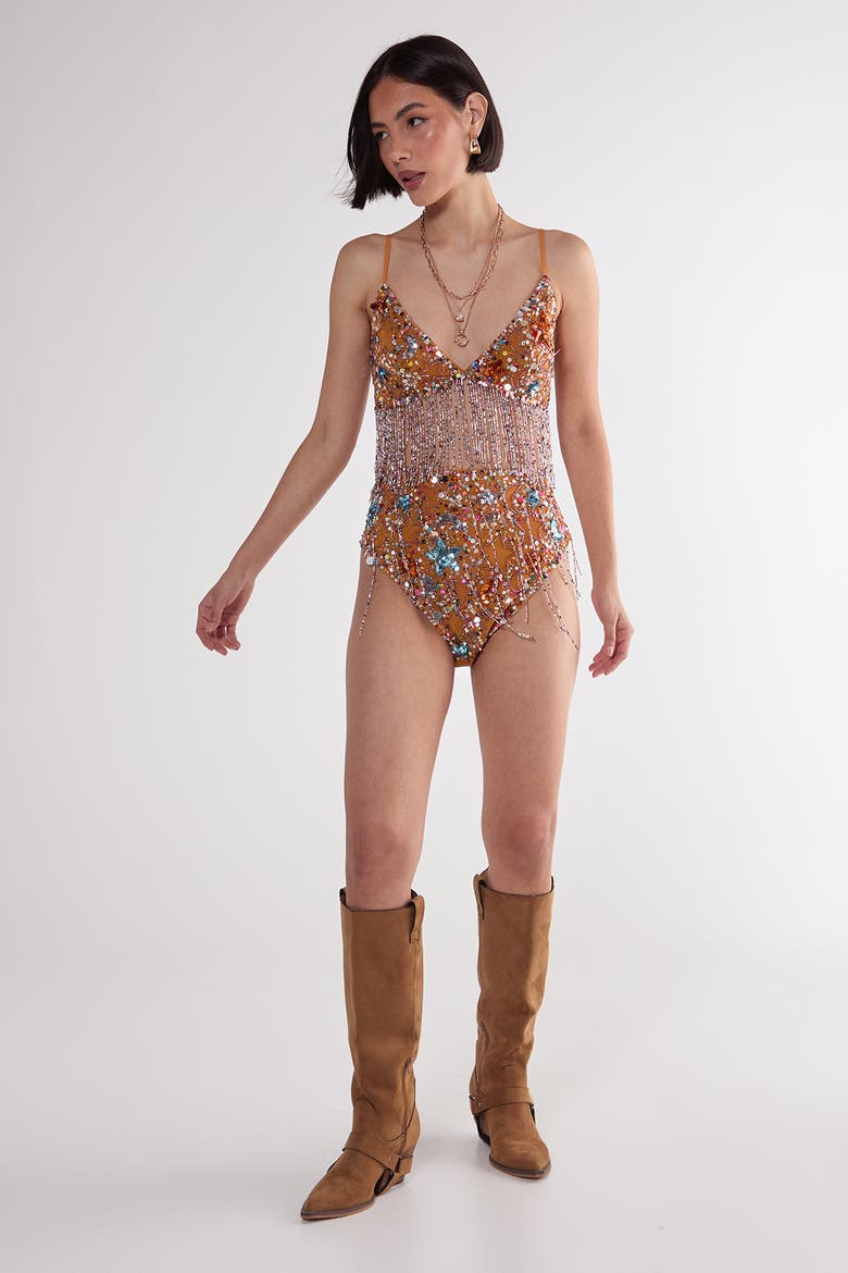 Star Embellished Tassel Booty Shorts, Alternate, color, Orange