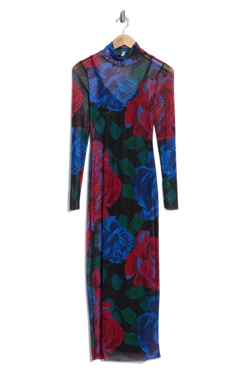 Afrm Los Angeles Marni Rhinestone Long Sleeve Mesh Midi Dress In Black