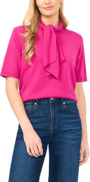 CeCe Tie Neck Short Sleeve Sweater