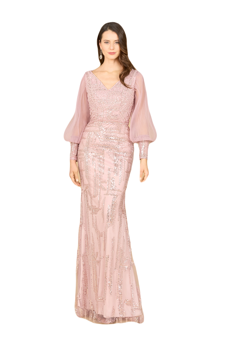 Long Sleeve Lace Gown with Removable Over Skirt, Alternate, color, DustyPurple