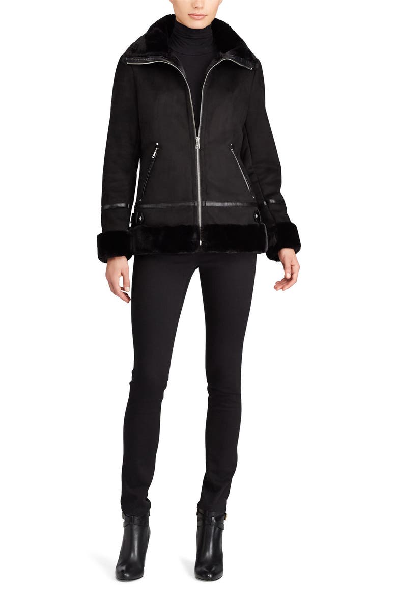 Faux Shearling Bomber Jacket, Alternate, color, BLACK