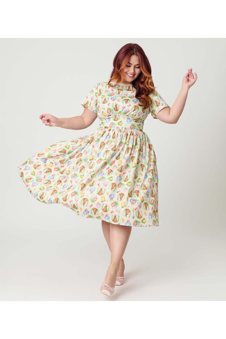 Plus Size Smocked Back Swing Dress, Main, color, Green W/Bunny Print