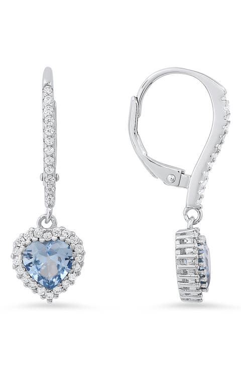 Sterling Silver Cubic Zirconia Halo Birthstone Heart Drop Earrings