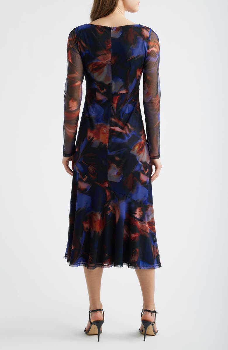 Vince Camuto Printed Long Sleeve Mesh Midi Cocktail Dress, Alternate, color, Blue/ Black/ Red
