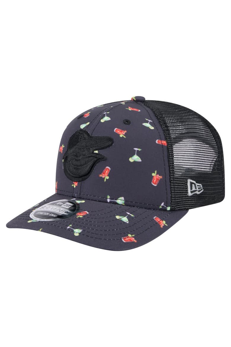 Men's New Era Black Baltimore Orioles Adventure Drinks Pattern 9SEVENTY Stretch-Snap Hat, Main, color, Navy