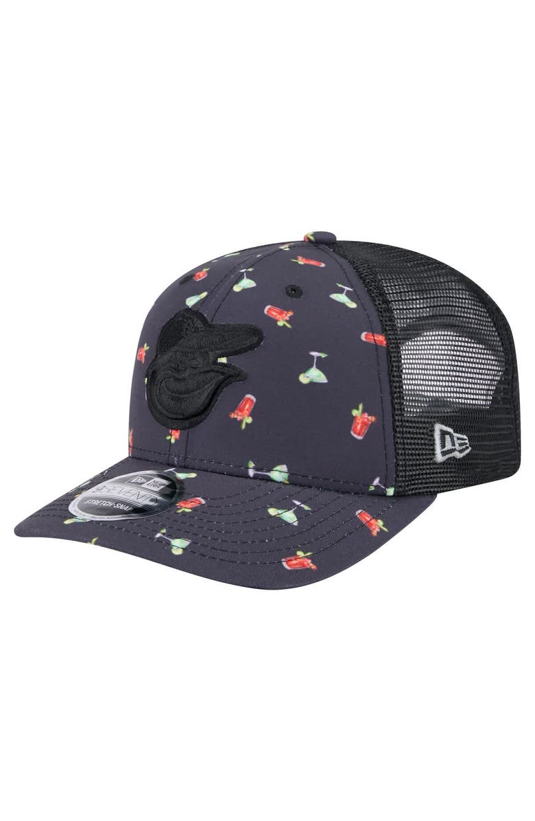 New Era Men's New Era Black Baltimore Orioles Adventure Drinks Pattern 9SEVENTY Stretch-Snap Hat, Main, color, Navy