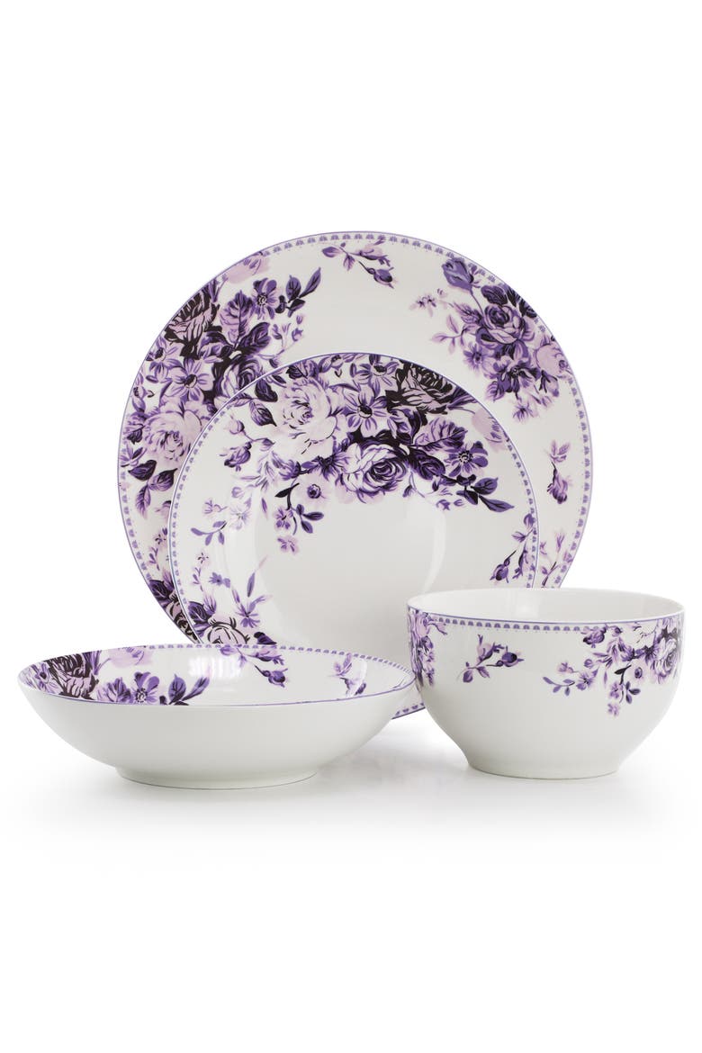 Traditional Purple Rose 24 Piece Porcelain Double Bowl Dinnerware Set, Alternate, color, Purple