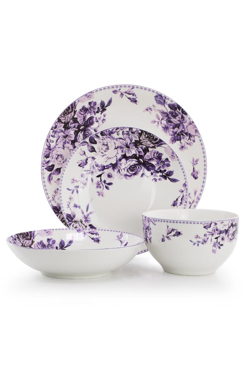 Elama Traditional Purple Rose 24 Piece Porcelain Double Bowl Dinnerware Set, Alternate, color, Purple