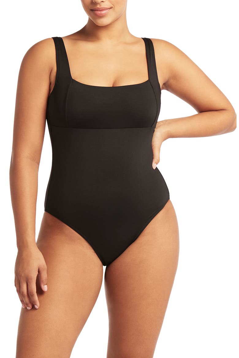 Square Neck One-Piece Swimsuit, Main, color, BLACK