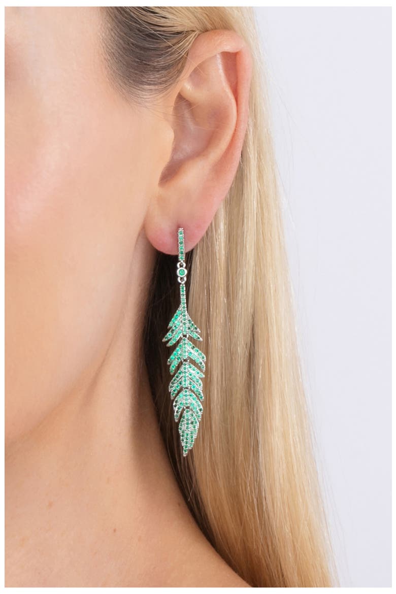 Feather CZ Drop Earrings, Alternate, color, GREEN