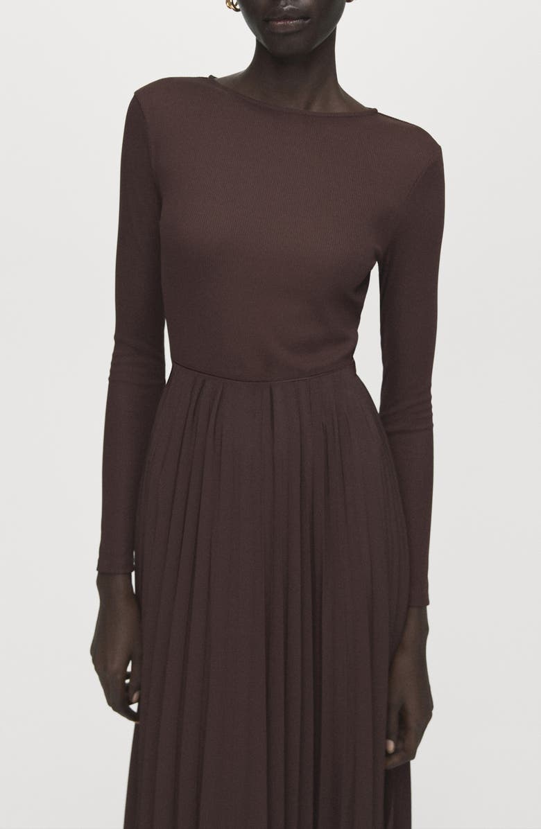 MANGO Long Sleeve Pleated Midi Dress, Alternate, color, Chocolate