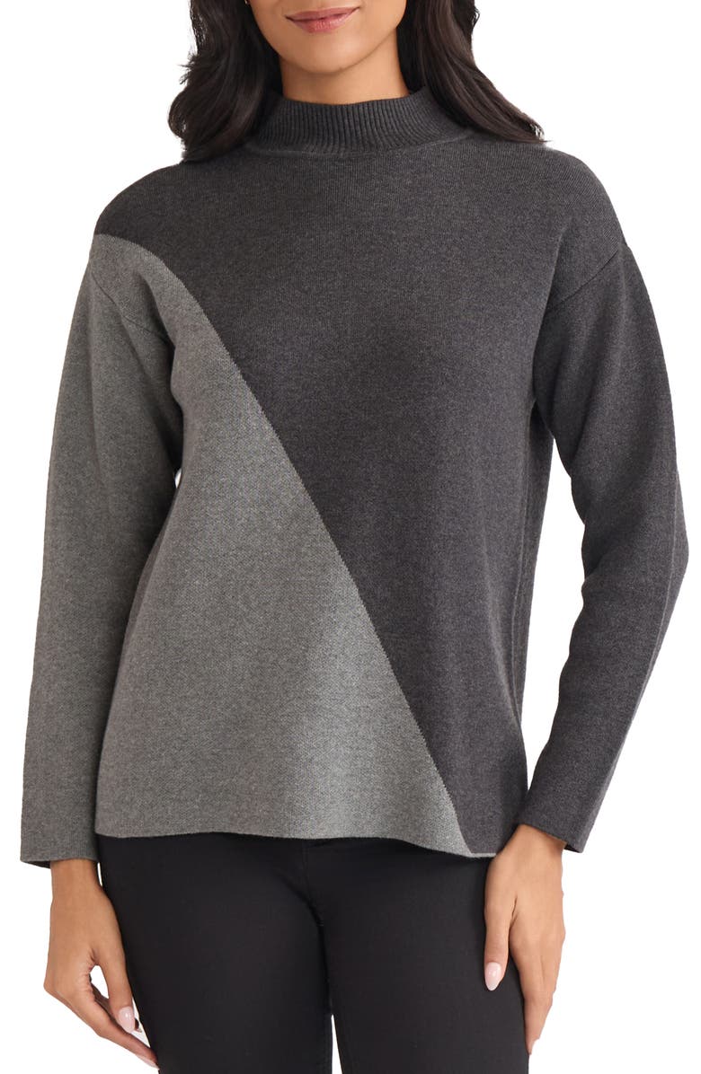 Jones New York Coloblock Mock Neck Sweater, Main, color, Smoke Heater/Light Grey