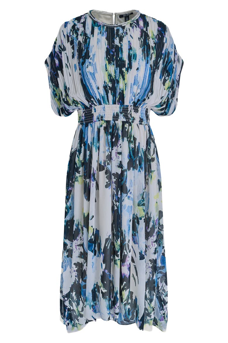 Abstract Print Plissé Chiffon Midi Dress, Alternate, color, PARCHMENT MULTI