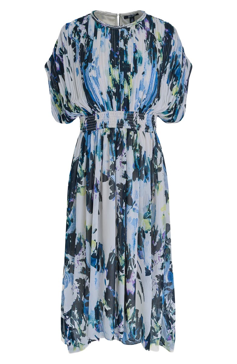 BCBG Abstract Print Plissé Chiffon Midi Dress, Alternate, color, Parchment Multi