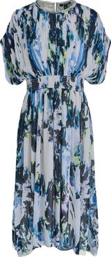 BCBG Abstract Print Plissé Chiffon Midi Dress
