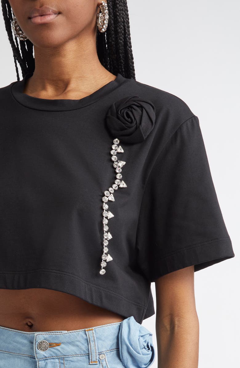 Area Crystal Rosette Crop T-Shirt, Alternate, color, Black