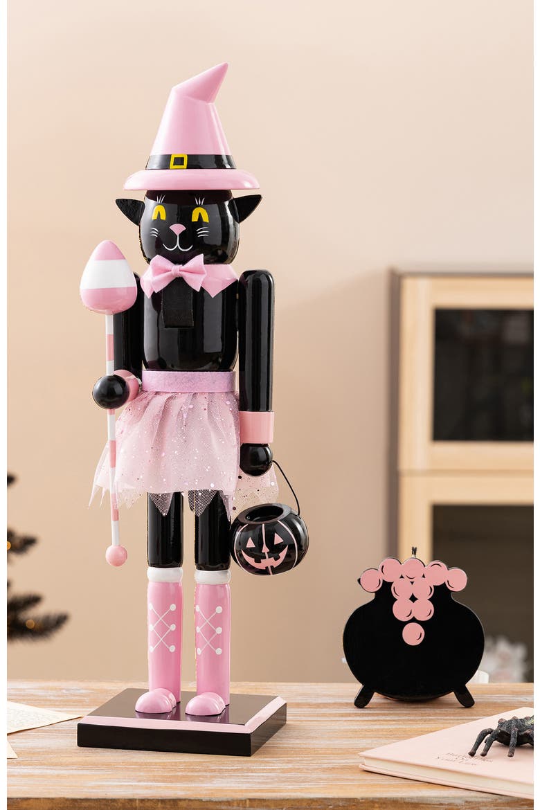 Halloween Wooden Black Cat Nutcracker with Pumpkin Ornament, Alternate, color, Pink
