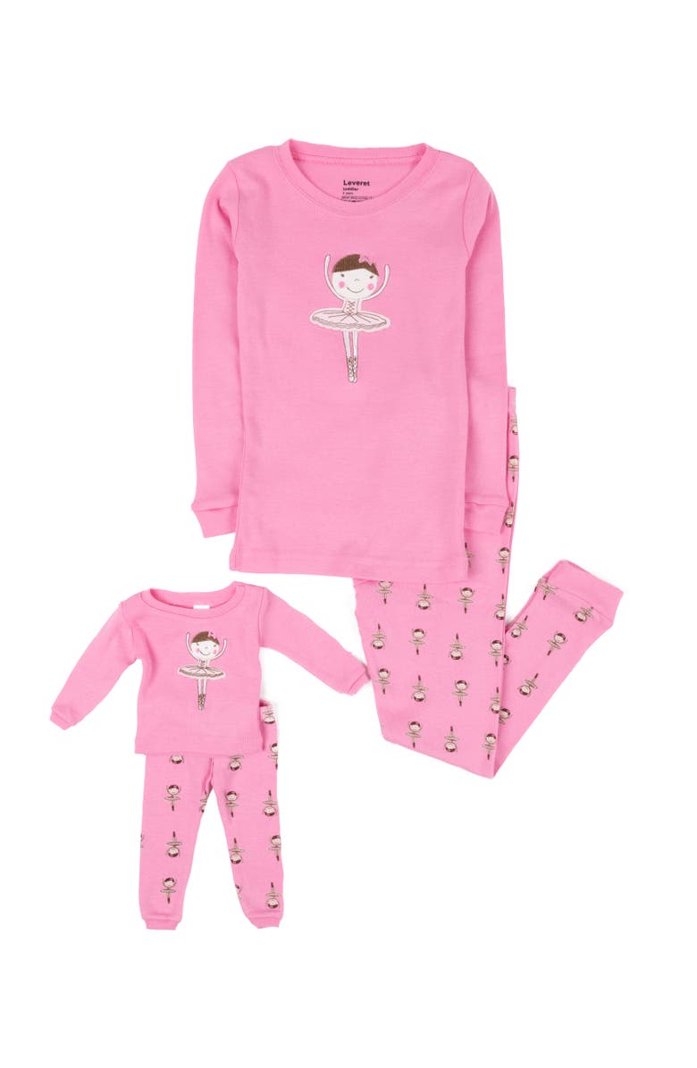Leveret Girls 2-pc. Cotton Pajamas with Matching Doll Accessory - Unicorn & Fantasy Prints, Main, color, Ballerina Pink