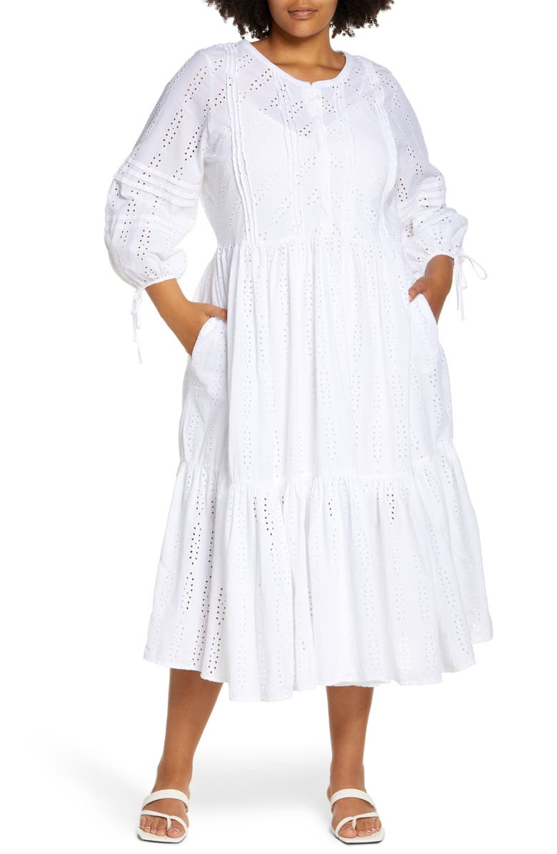 Caslon<sup>®</sup> Eyelet Long Sleeve Midi Dress, Main, color,