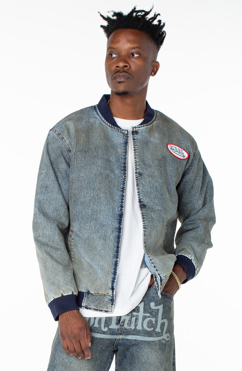 Von Dutch Bones Denim Bomber Jacket, Main, color, Hazestone