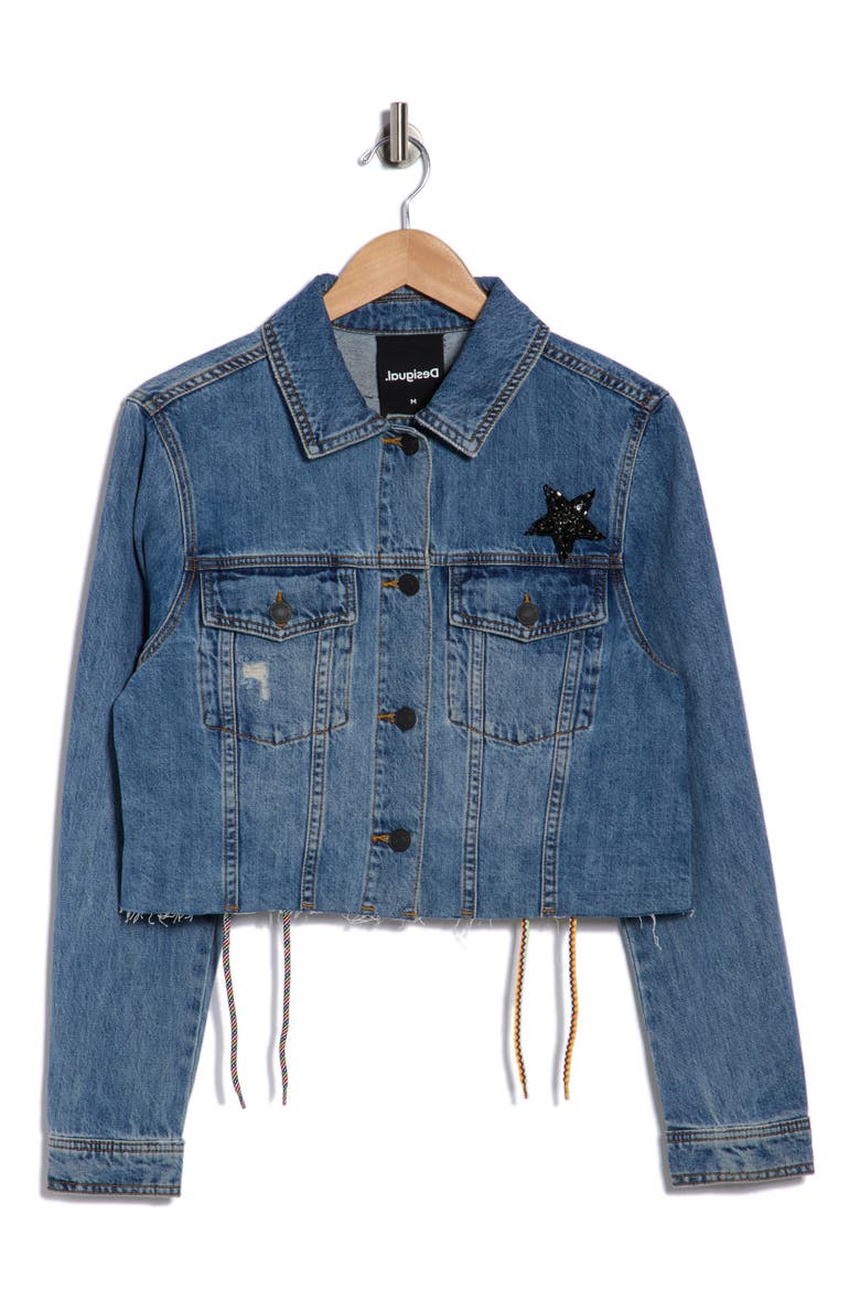 Lace-Up Back Denim Trucker Jacket, Alternate, color, MEDIUM BLUE
