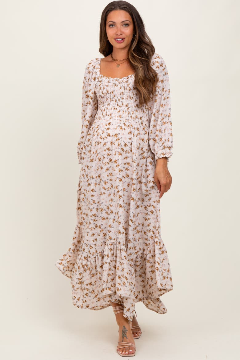 Floral Smocked Handkerchief Hem Maxi Dress, Alternate, color, Ivory
