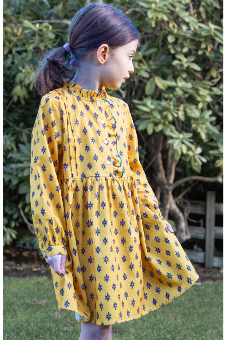 Toddler Girls' Long Sleeves Dress with Front Ruffle| Yellow and Pink, Alternate, color, Yellow and Pink