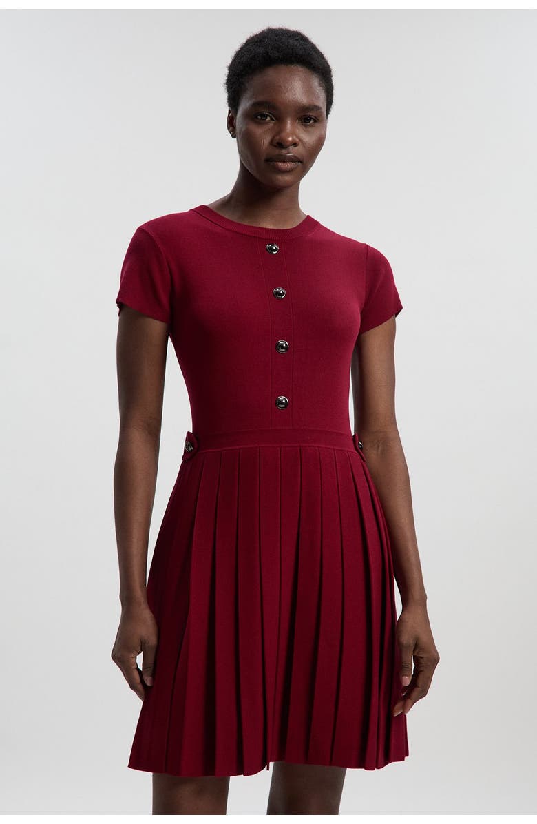 Karen Millen Viscose Tab Pleated Knit Mini Dress, Main, color, Burgundy