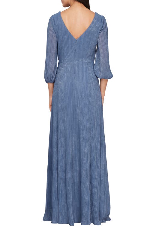 Alex Evenings Metallic Micro Pleated Mesh Gown In Blue
