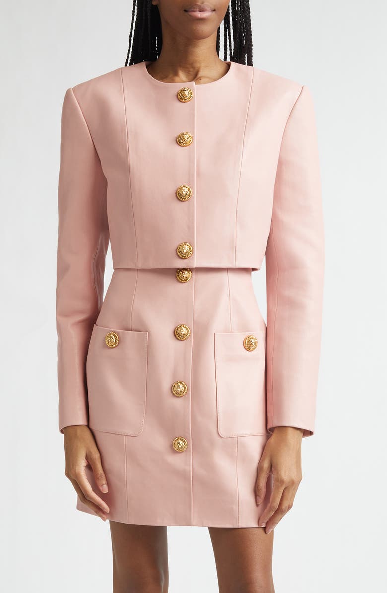 Balmain Crop Lambskin Jacket, Main, color, 4Hr Powder Pink