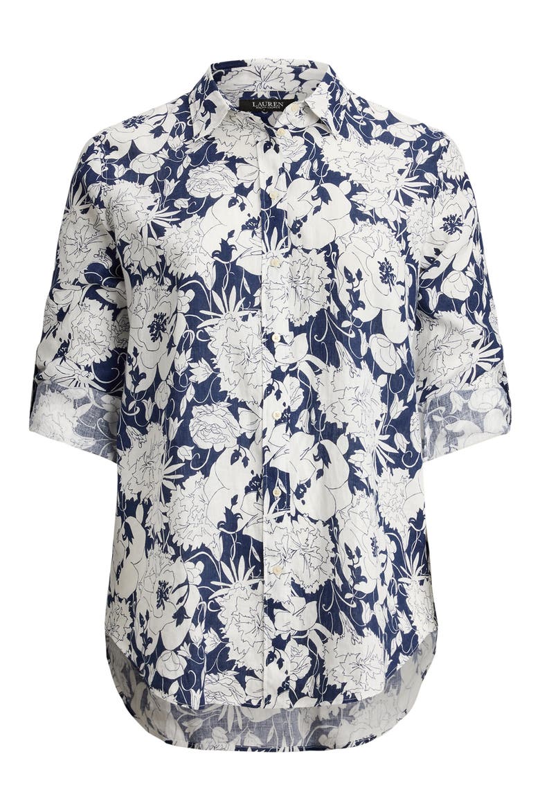 Relaxed Fit Floral Linen Shirt, Alternate, color, WHITE/ NAVY