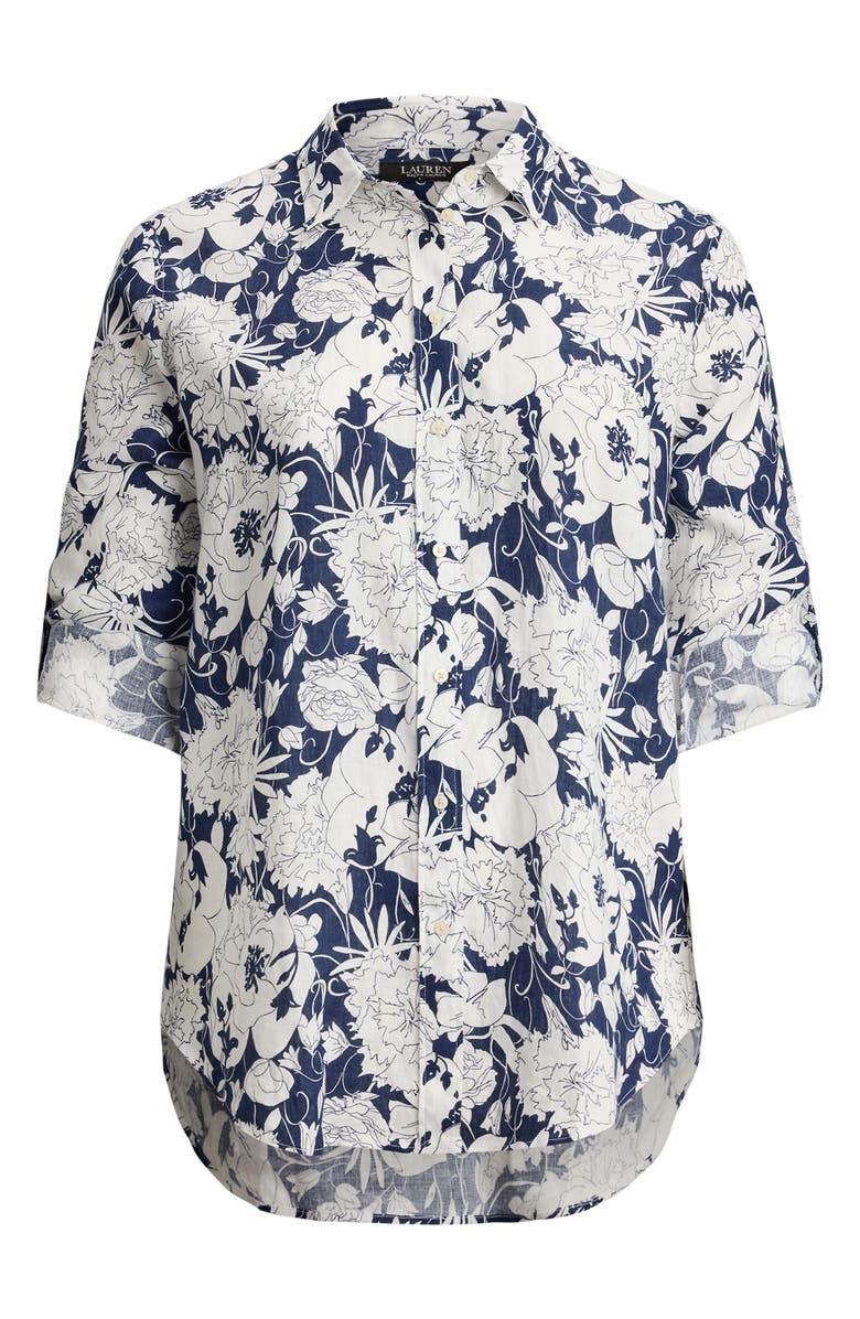 Lauren Ralph Lauren Karrie Floral Linen Button-Up Shirt, Alternate, color, White/ Navy