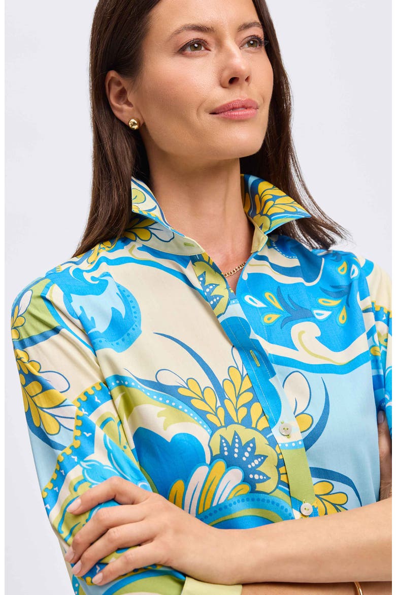 Margie Three-Quarter Sleeve Cotton Button-Up Shirt, Alternate, color, BLUE/ GREEN/ WHITE