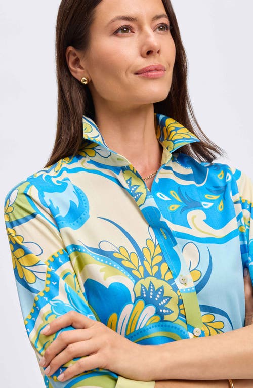 Shop Foxcroft Margie Three-quarter Sleeve Cotton Button-up Shirt In Blue/green/white