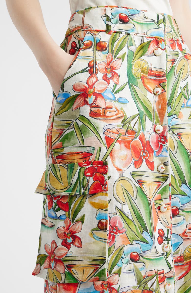 FARM Rio Cocktail Print Linen Midi Skirt, Alternate, color, Off-White