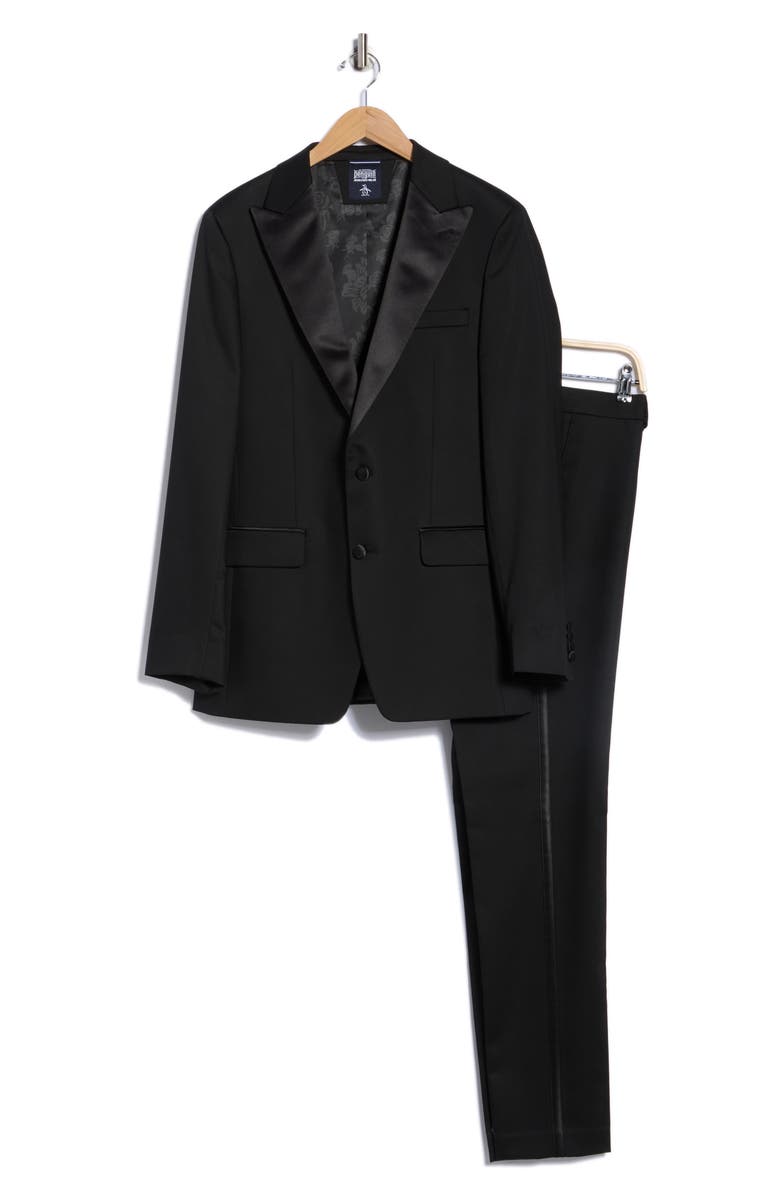 Original Penguin Peak Lapel Satin Trim Tuxedo, Alternate, color, Black