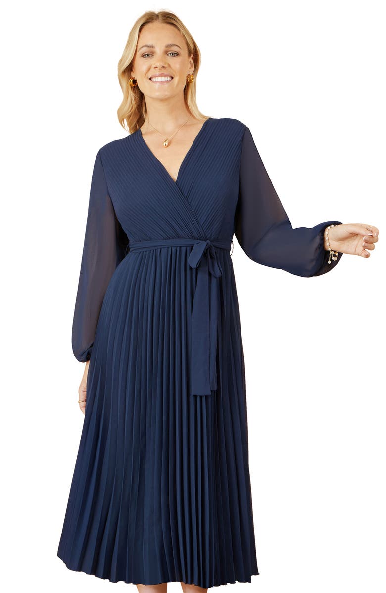 Yumi Long Sleeved Pleated Midi Wrap Dress, Alternate, color, Navy